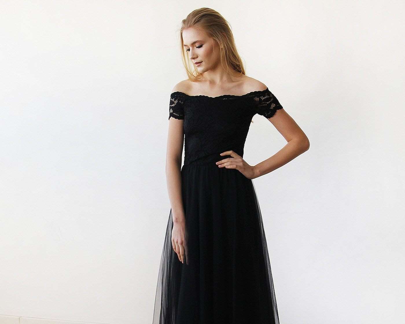 Black Lace Off-The-Shoulder Tulle Short Sleeve Lace Maxi Wedding Dress - Lovez Aqua© -