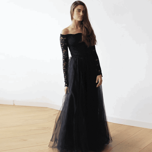 Black Off-The-Shoulder Floral Lace & Tulle Maxi Wedding Gown - Lovez Aqua© -