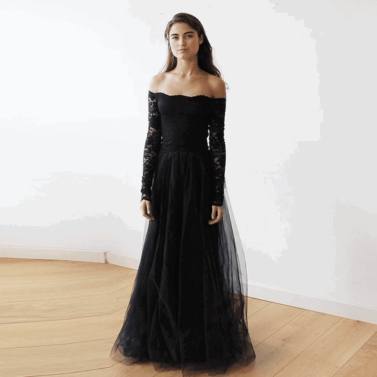 Black Off-The-Shoulder Floral Lace & Tulle Maxi Wedding Gown