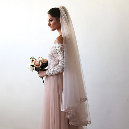 Blush Color Delicate Tulle Bridal Wedding Veil with Lace Trim - Lovez Aqua© -