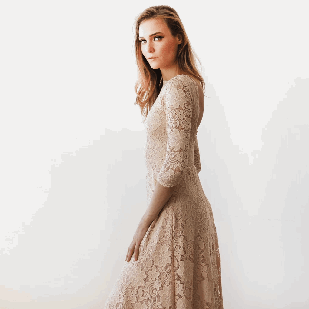 Blush Pink Lace Backless Maxi Wedding Gown with Boat Neckline & 3/4 Sleeves - Lovez Aqua© -