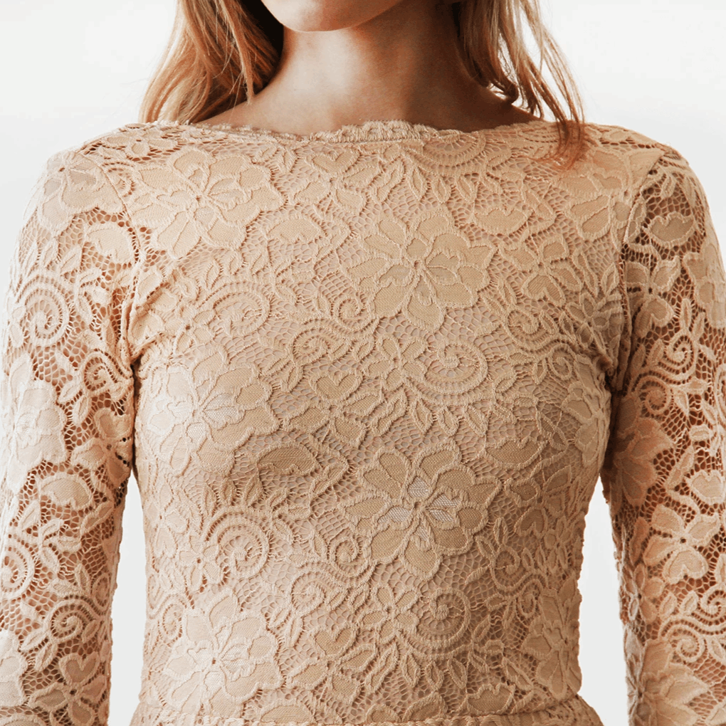 Blush Pink Lace Backless Maxi Wedding Gown with Boat Neckline & 3/4 Sleeves - Lovez Aqua© -