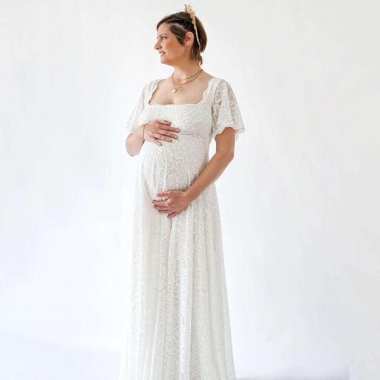 Bohemian Maternity Ivory Wedding Dress With Square Neckline & Butterfly Sleeves - Lovez Aqua© -