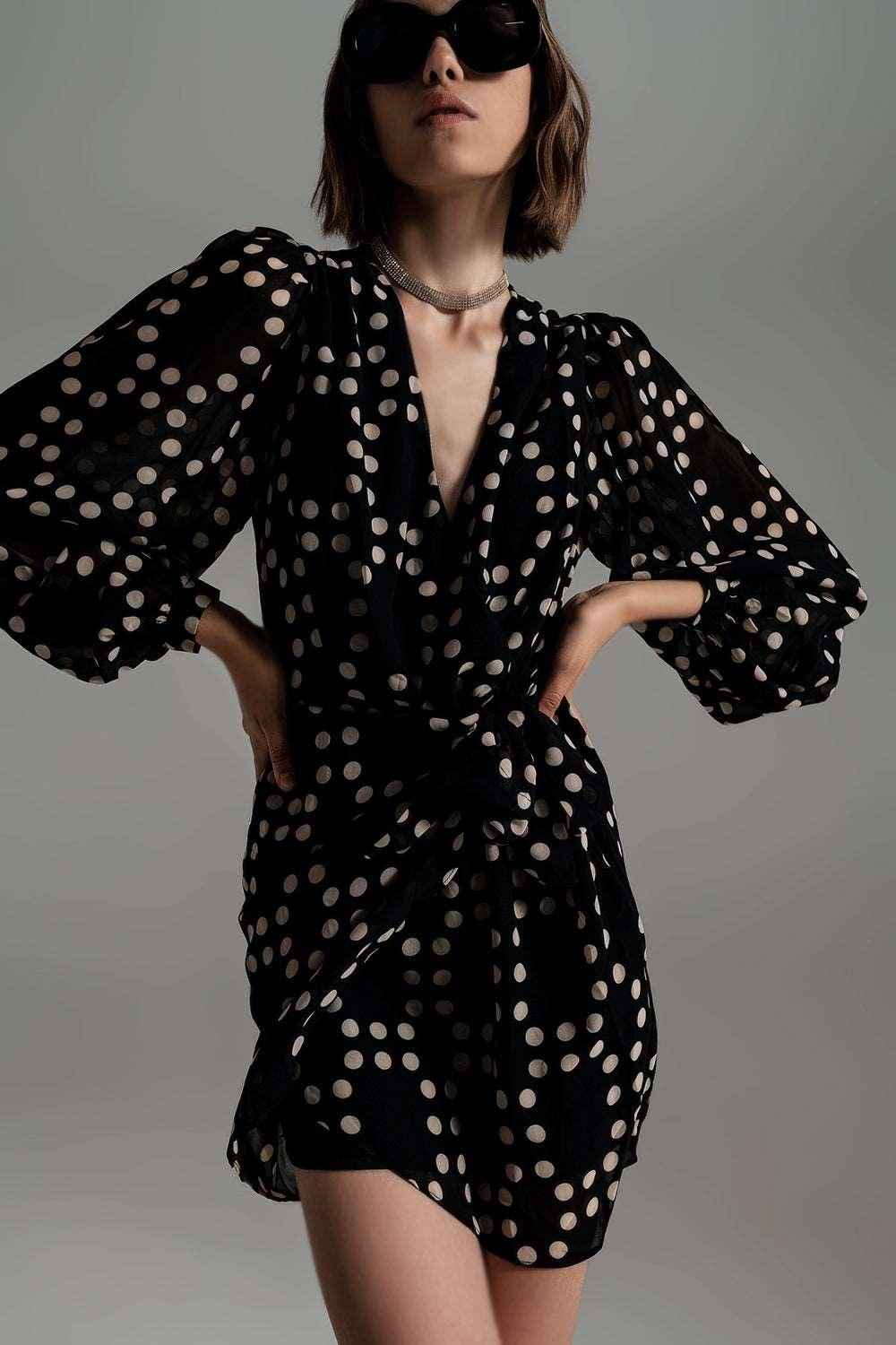 Cream & Black Polka Dot Print Short Dress With Wrapped Skirt & Balloon Sleeves