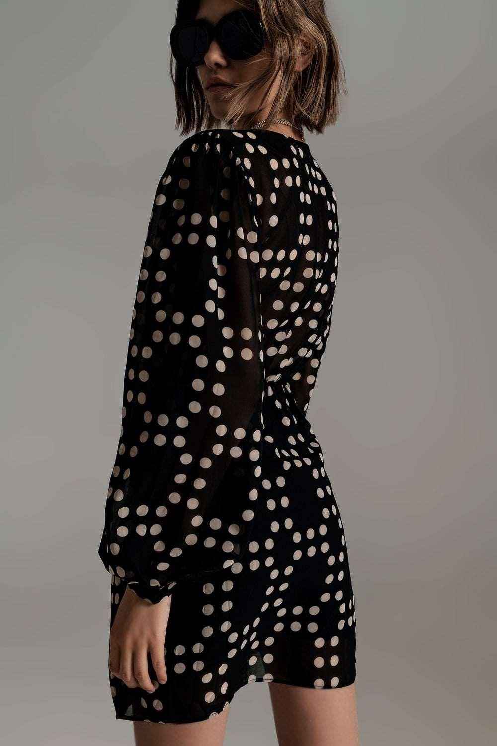 Cream & Black Polka Dot Print Short Dress With Wrapped Skirt & Balloon Sleeves