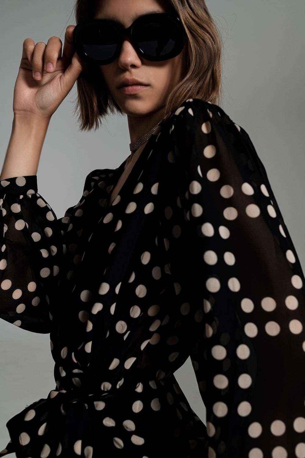 Cream & Black Polka Dot Print Short Dress With Wrapped Skirt & Balloon Sleeves