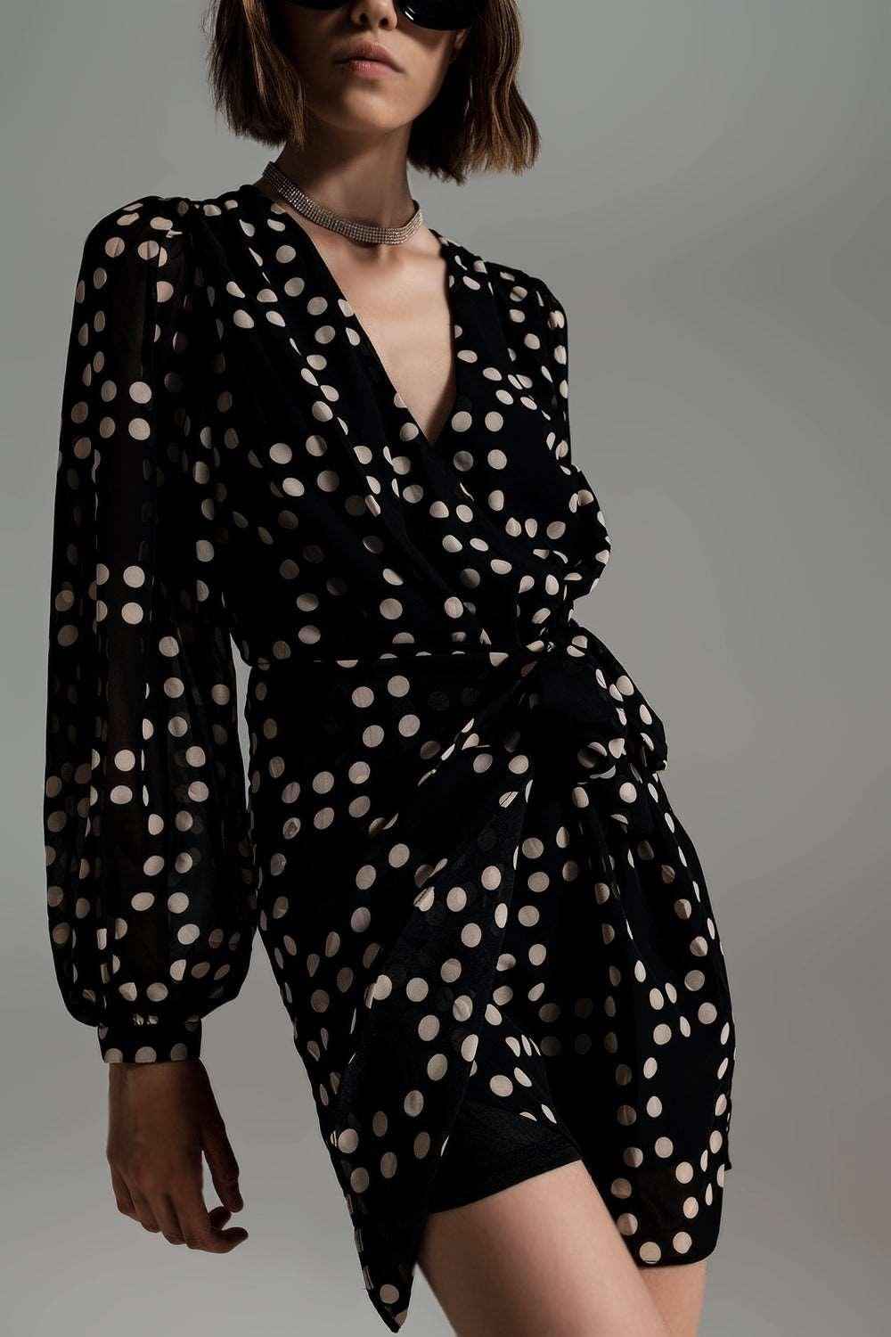 Cream & Black Polka Dot Print Short Dress With Wrapped Skirt & Balloon Sleeves