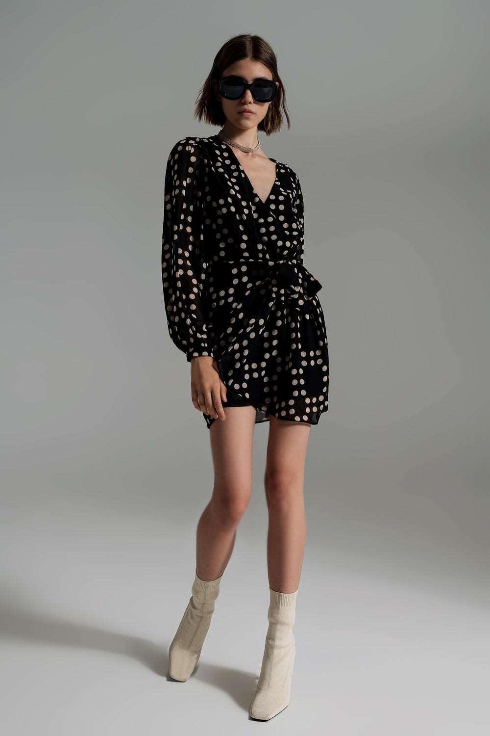 Cream & Black Polka Dot Print Short Dress With Wrapped Skirt & Balloon Sleeves - Lovez Aqua© -