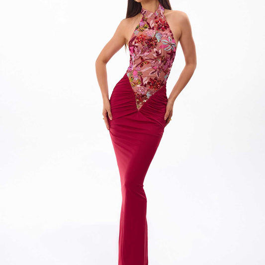 Lala, Once upon a broken heart, Burgundy Maxi Dress, Burgundy Evening Dress, Burgundy Formal Dress, Floral Sequin Dress, Floral Embroidered Dress, Embroidered Maxi Dress, Sequin Maxi Dress, Sequin Evening Dress, Halter Maxi Dress, Halter Evening Dress, Open Back Maxi Dress, Open Back Evening Dress, Floral Maxi Dress, Floral Evening Gown, Burgundy Gown, Women’s Evening Gown, Formal Maxi Dress, Formal Evening Gown, Embellished Maxi Dress, Embellished Evening Dress, Mesh Bodice Dress, Sheer Mesh Dress