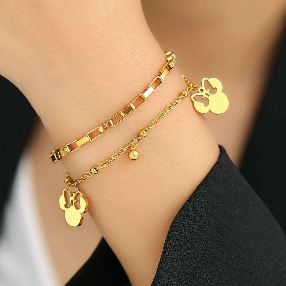 Disney's Minnie Mouse Bow Women's Stainless Steel Pendant Layer Chain Bracelet - Disney -