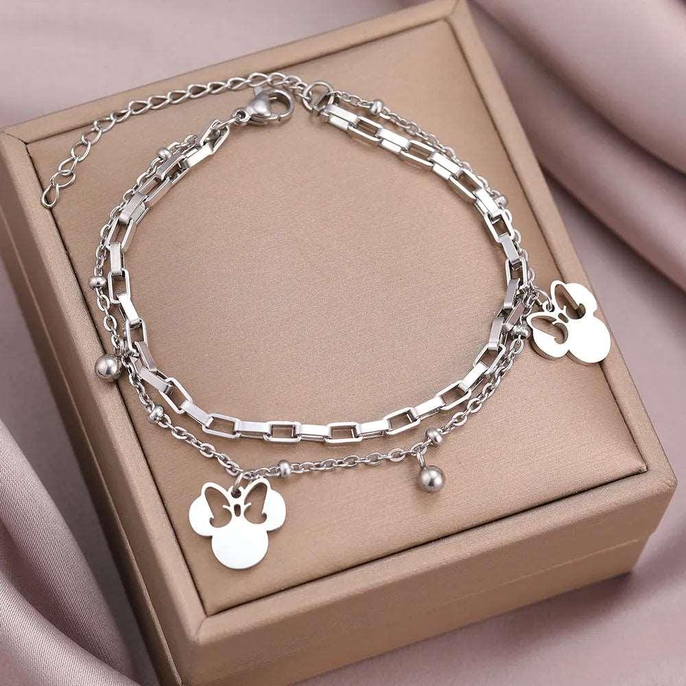 Disney's Minnie Mouse Bow Women's Stainless Steel Pendant Layer Chain Bracelet - Disney - Silver