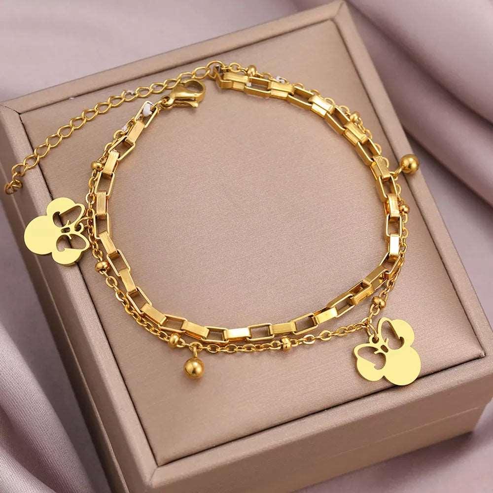 Disney's Minnie Mouse Bow Women's Stainless Steel Pendant Layer Chain Bracelet - Disney - Gold