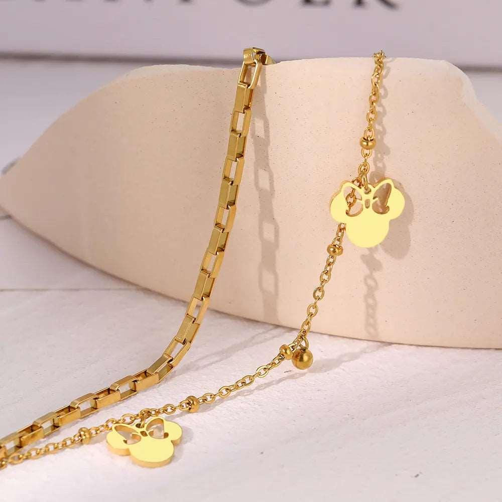 Disney's Minnie Mouse Bow Women's Stainless Steel Pendant Layer Chain Bracelet - Disney -