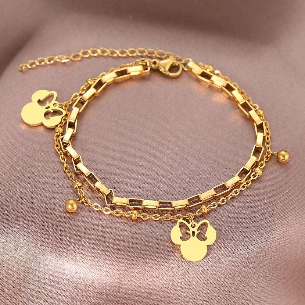 Disney's Minnie Mouse Bow Women's Stainless Steel Pendant Layer Chain Bracelet - Disney -
