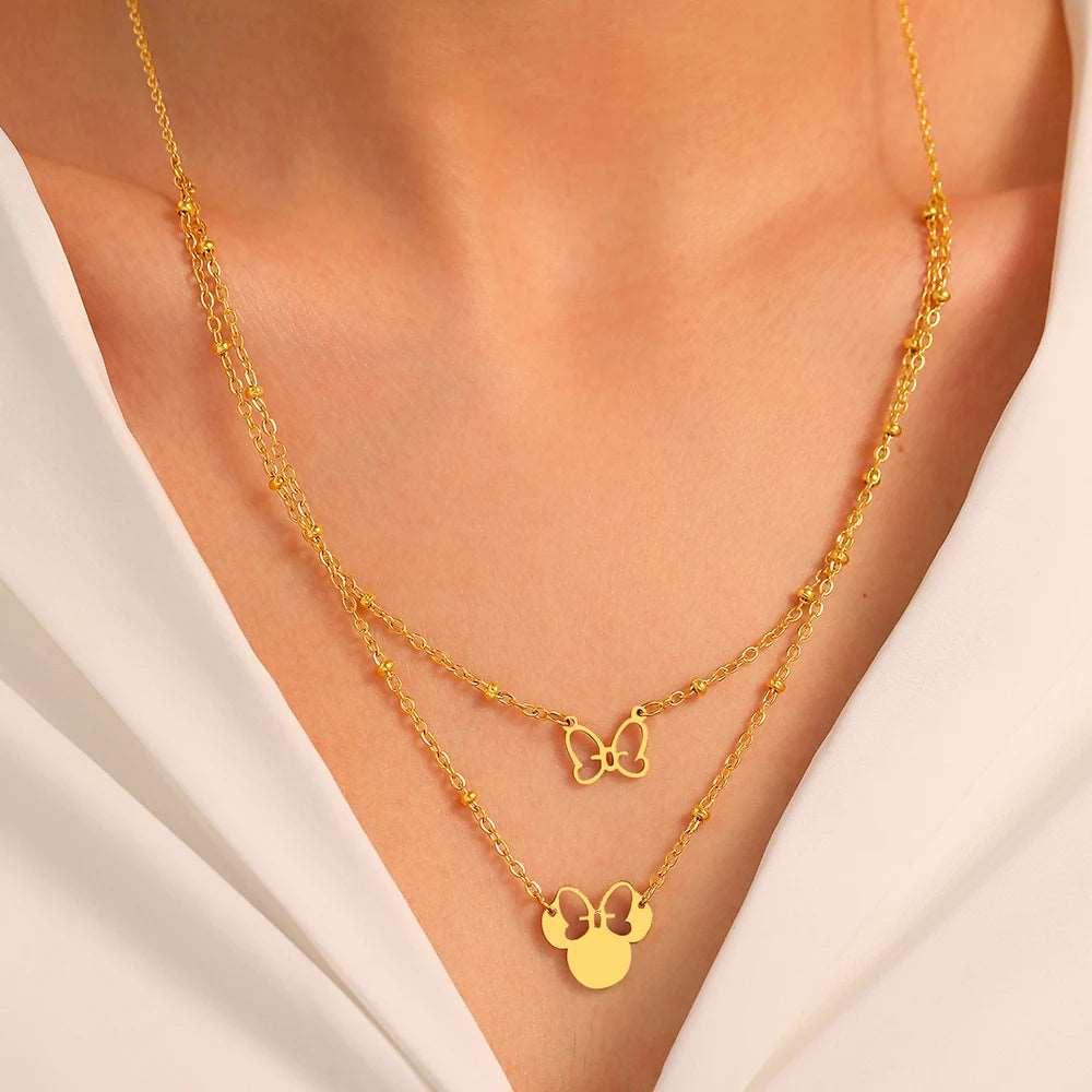 Disney's Minnie Mouse Head & Cute Bow Double Layered Stainless Steel Necklace - Disney -