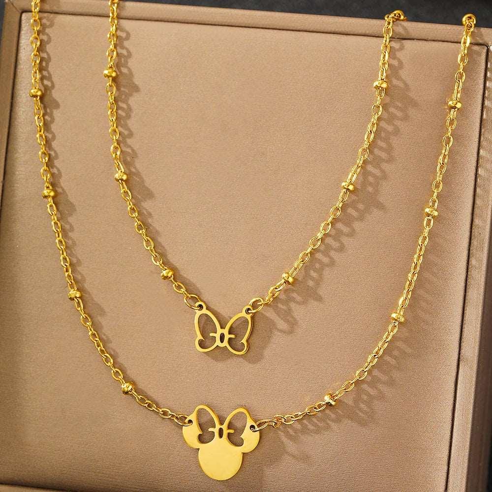 Disney's Minnie Mouse Head & Cute Bow Double Layered Stainless Steel Necklace - Disney - Gold
