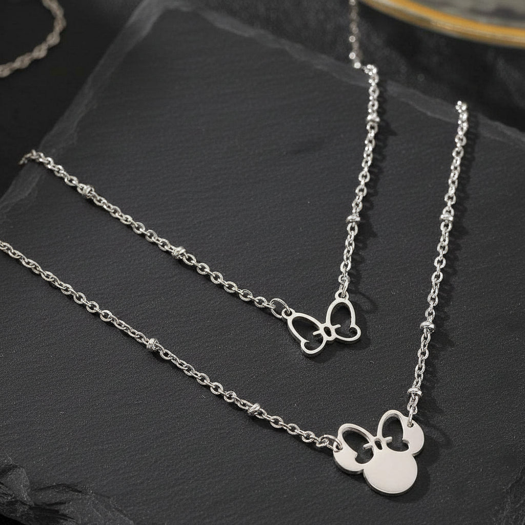 Disney's Minnie Mouse Head & Cute Bow Double Layered Stainless Steel Necklace - Disney -