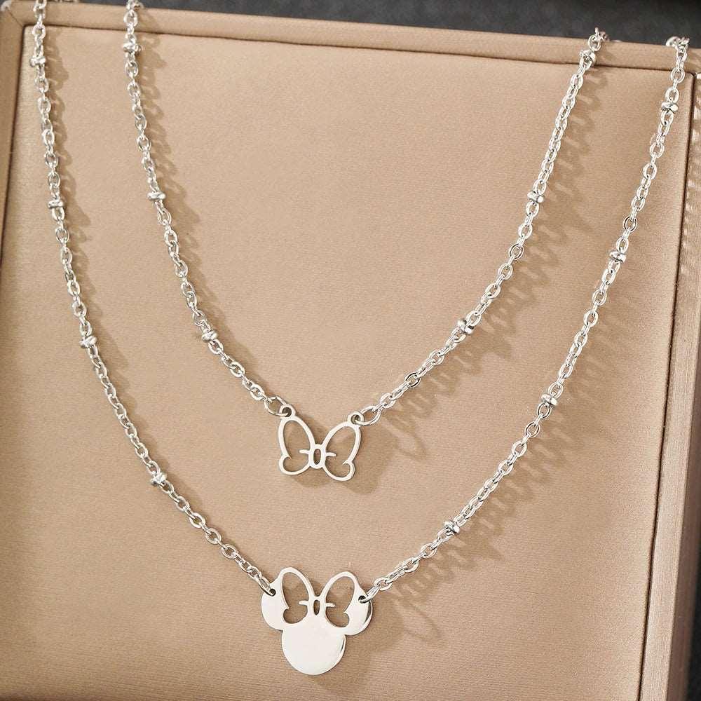 Disney's Minnie Mouse Head & Cute Bow Double Layered Stainless Steel Necklace - Disney - Silver