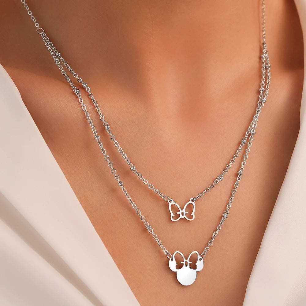 Disney's Minnie Mouse Head & Cute Bow Double Layered Stainless Steel Necklace - Disney -