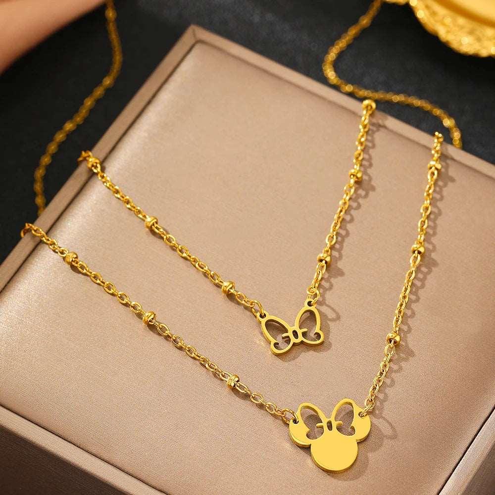 Disney's Minnie Mouse Head & Cute Bow Double Layered Stainless Steel Necklace - Disney -