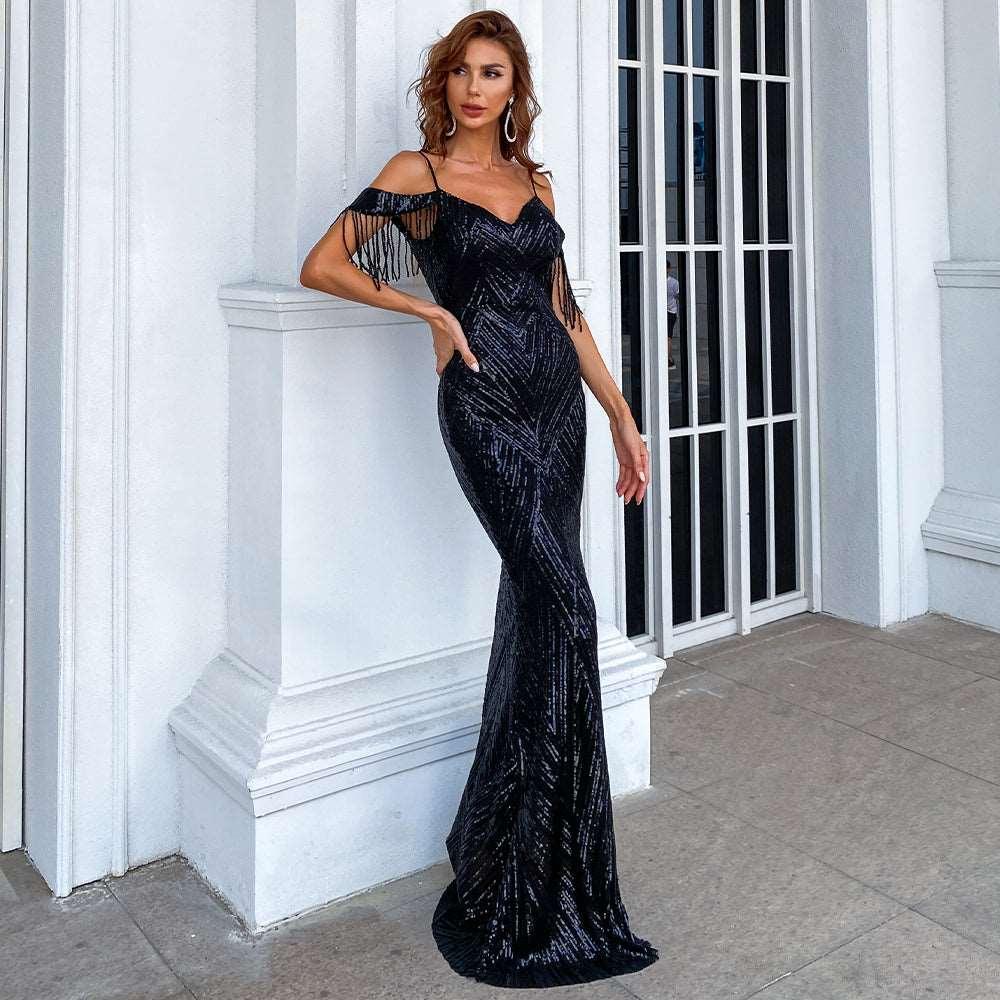Elegant Black Sequined Evening Gown With Off-the-Shoulder Fringe Detail - Lovez Aqua© -