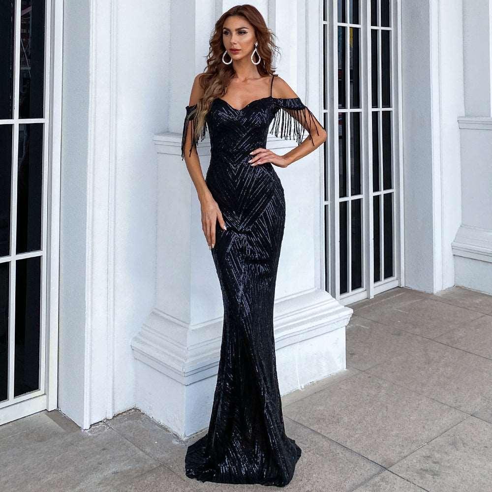 Elegant Black Sequined Evening Gown With Off-the-Shoulder Fringe Detail - Lovez Aqua© -