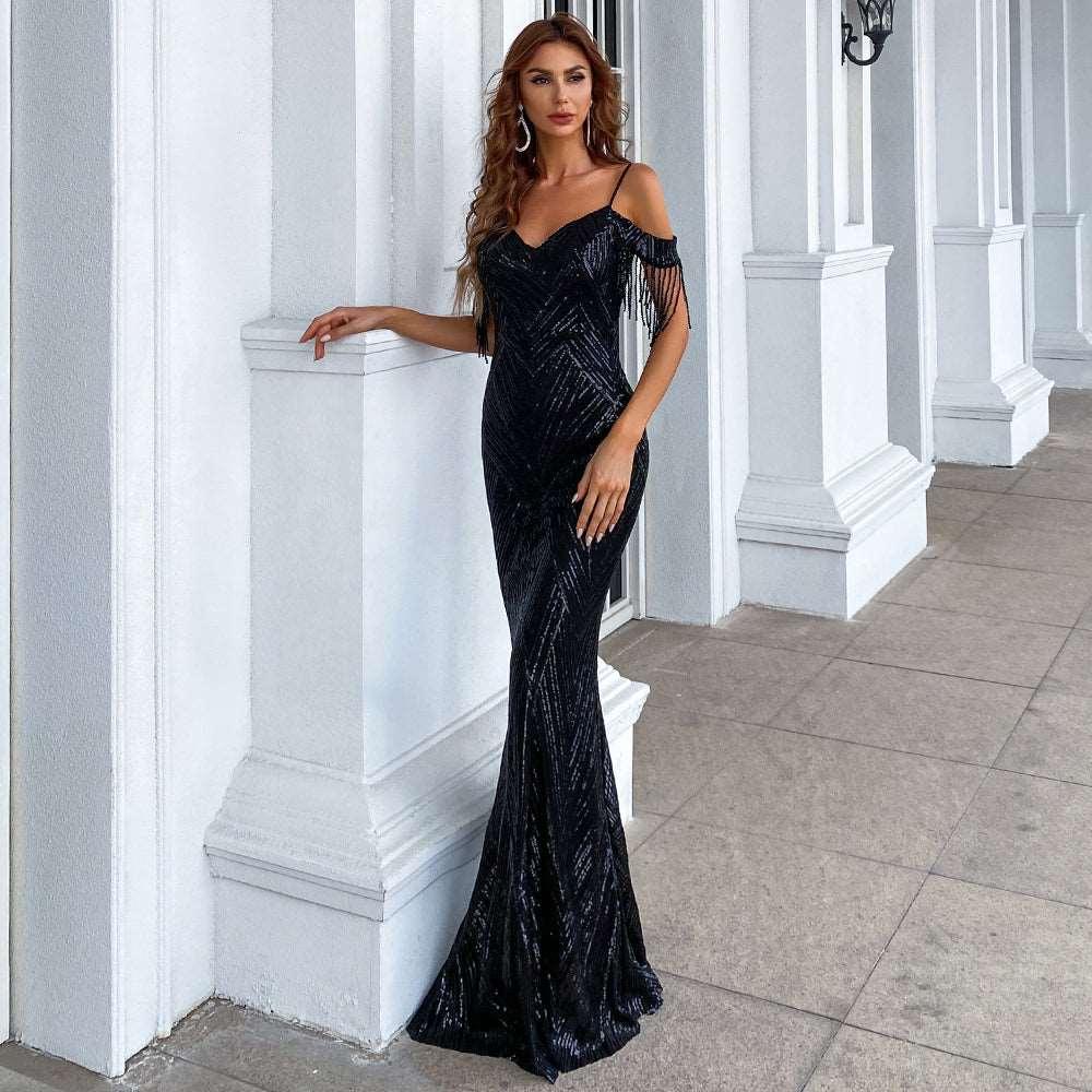 Elegant Black Sequined Evening Gown With Off-the-Shoulder Fringe Detail - Lovez Aqua© -