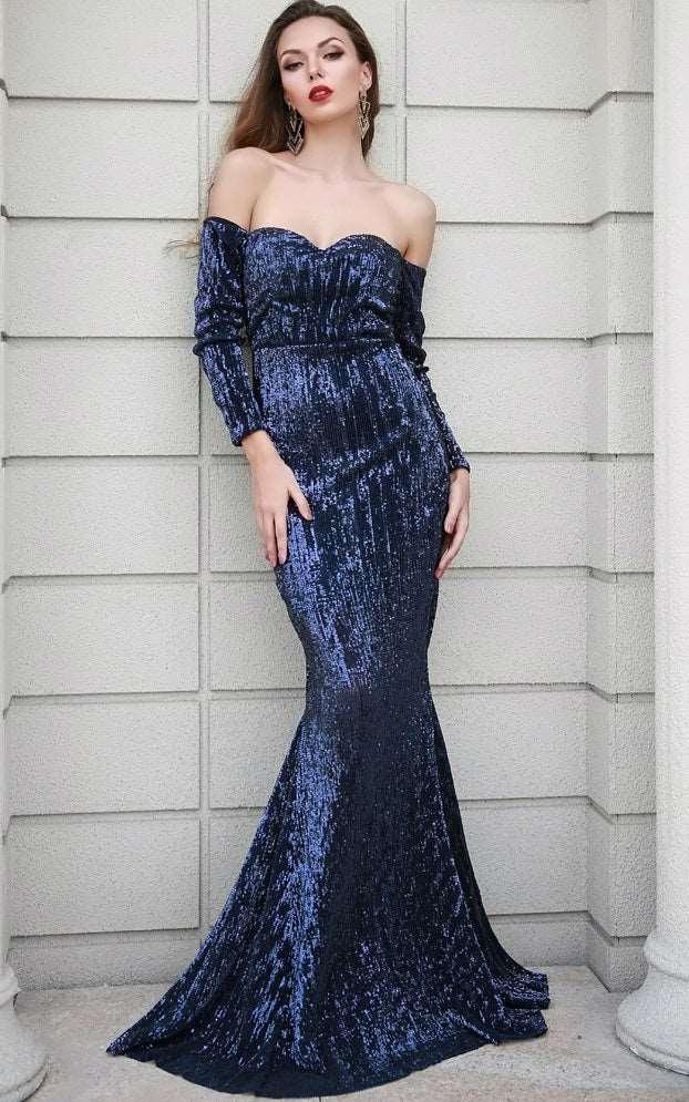 Elegant Midnight Blue Sequined Off-Shoulder Mermaid Evening Gown - Lovez Aqua© -
