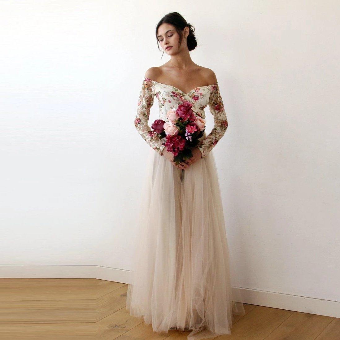 Floral Off-Shoulder Champagne Tulle Wedding Dress With High Slit - Lovez Aqua© -