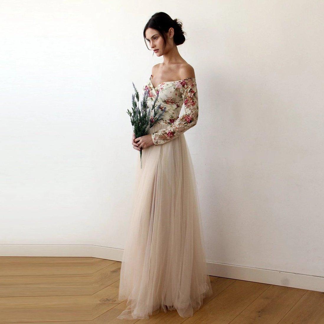 Floral Off-Shoulder Champagne Tulle Wedding Dress With High Slit - Lovez Aqua© -