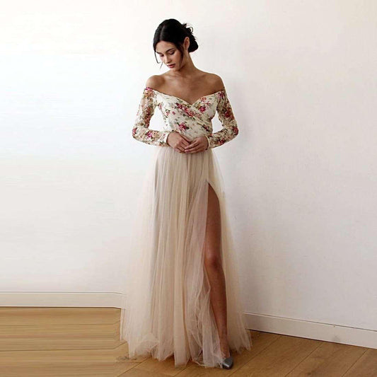 Floral Off-Shoulder Champagne Tulle Wedding Dress With High Slit - Lovez Aqua© - XXS-XS