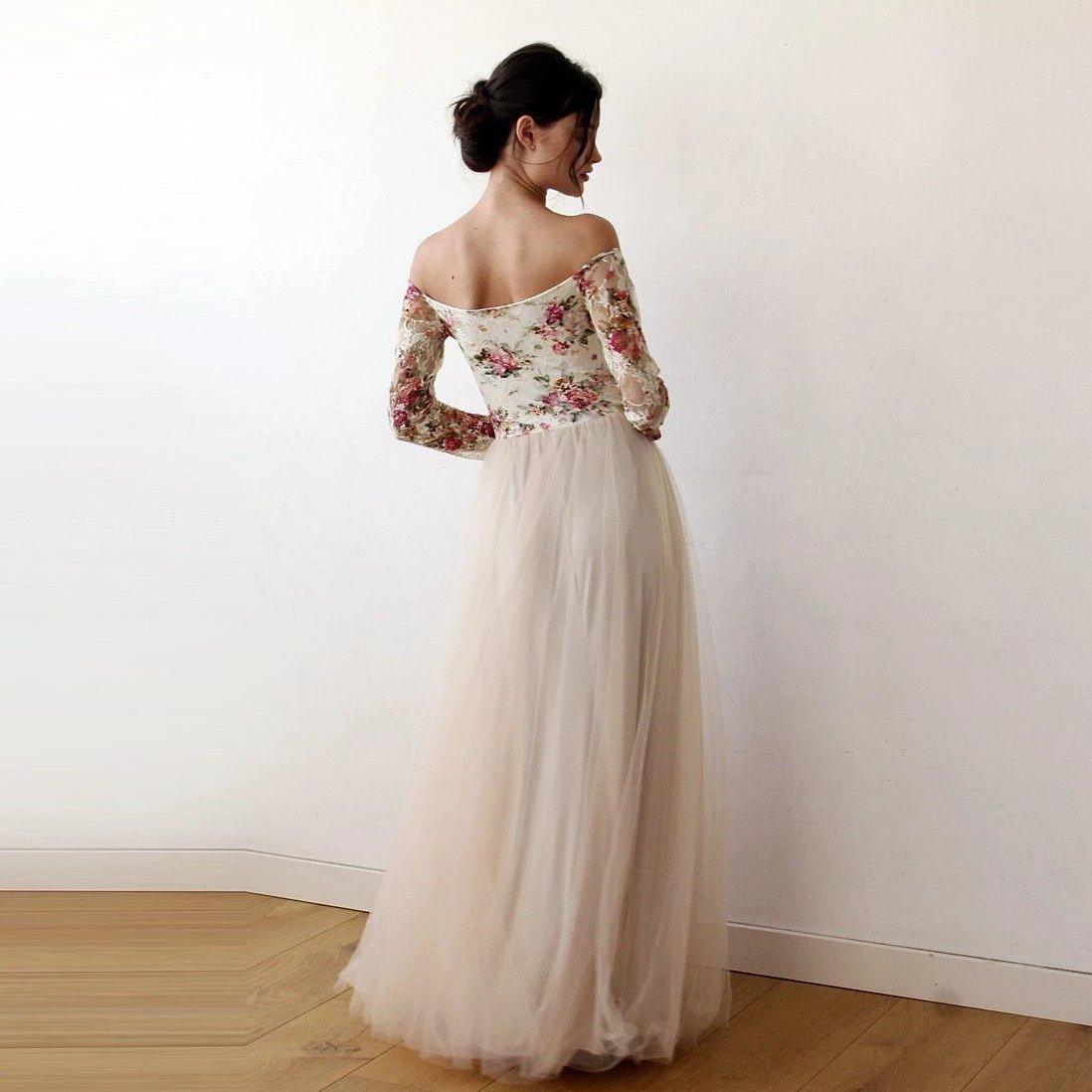 Floral Off-Shoulder Champagne Tulle Wedding Dress With High Slit - Lovez Aqua© -