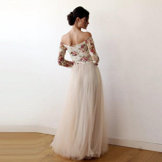 Floral Off-Shoulder Champagne Tulle Wedding Dress With High Slit - Lovez Aqua© -