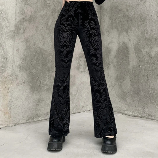 Women's Gothic Black Velvet Floral Embroidered Baroque High Waist Flare Pants