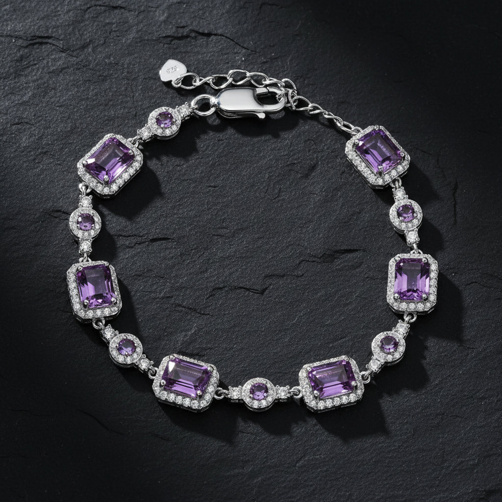 925 Sterling Silver, Natural Agate Stone & Cubic Zirconia Rectangle Cabochons Women's Bracelet