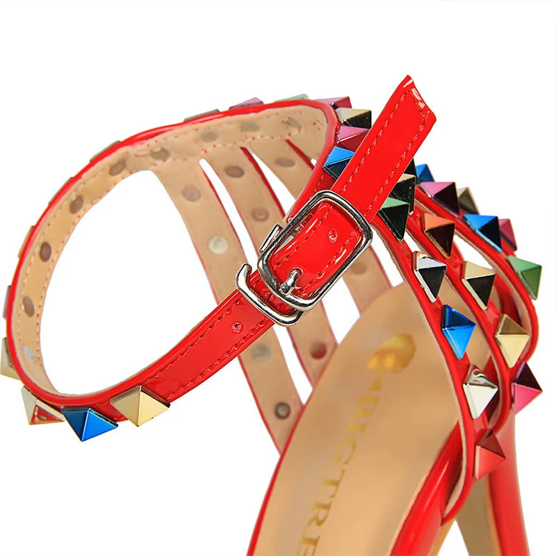 Women's Roman Style Hollow Cut Out Heeled Sandals with Colored Rivets
