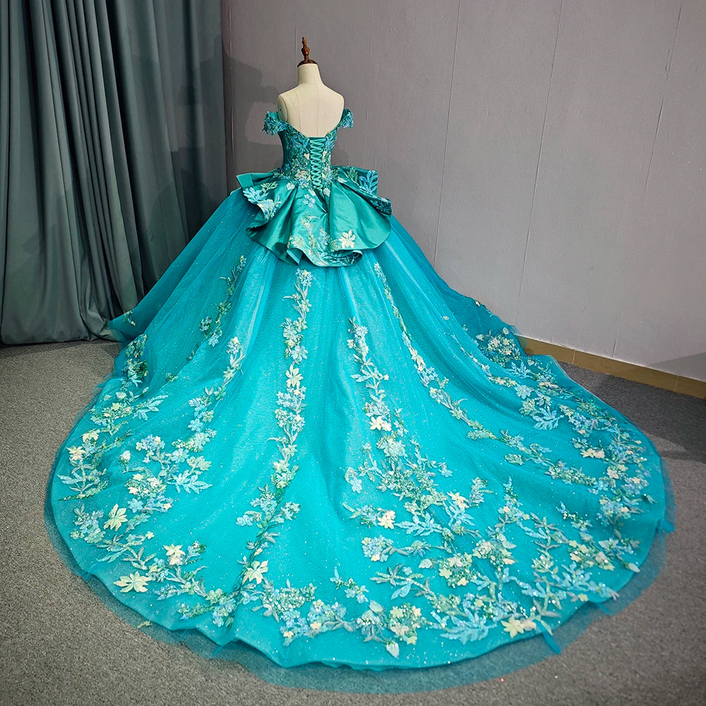 Turquoise Blue Off-Shoulder Floral Ball Gown with Sweetheart Neckline & Embroidered Train