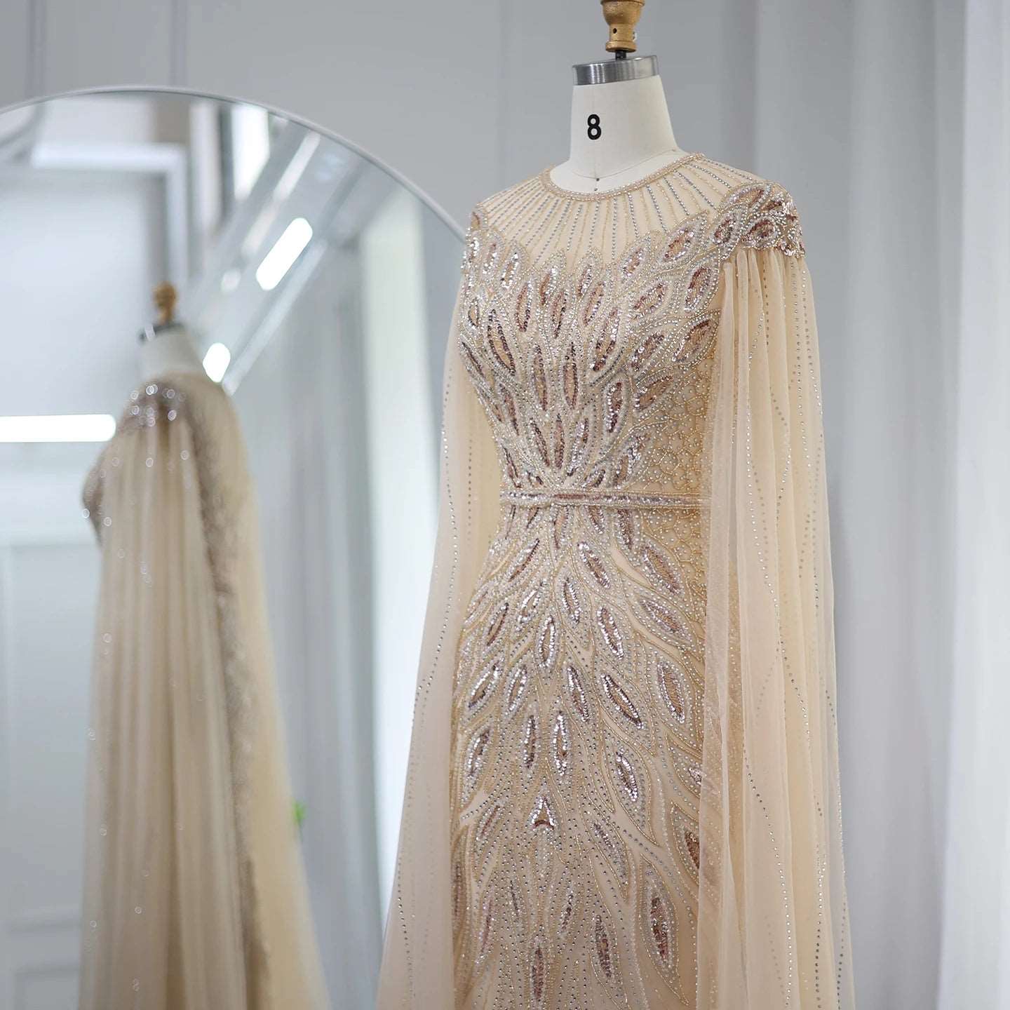 Women's Luxury Mermaid High Neck Evening Gown with Cape Sleeves & Rhinestones - Lovez Aqua© -