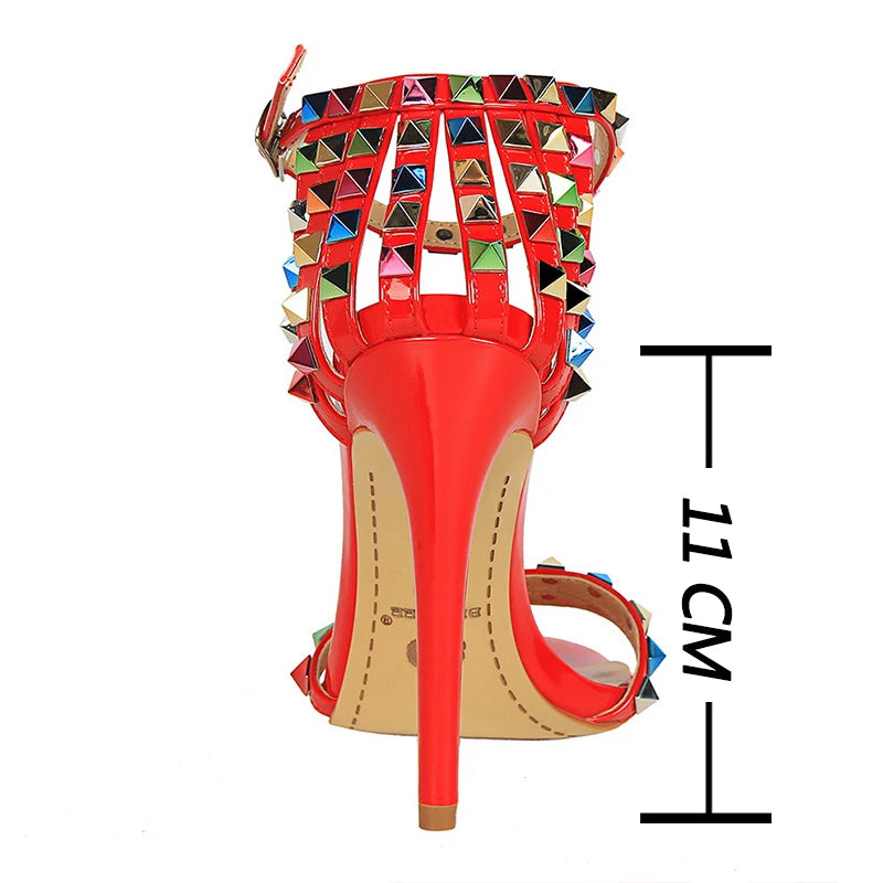 Women's Roman Style Hollow Cut Out Heeled Sandals with Colored Rivets