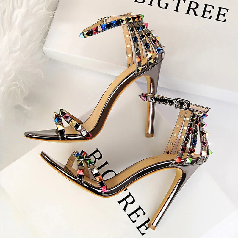 Women's Roman Style Hollow Cut Out Heeled Sandals with Colored Rivets