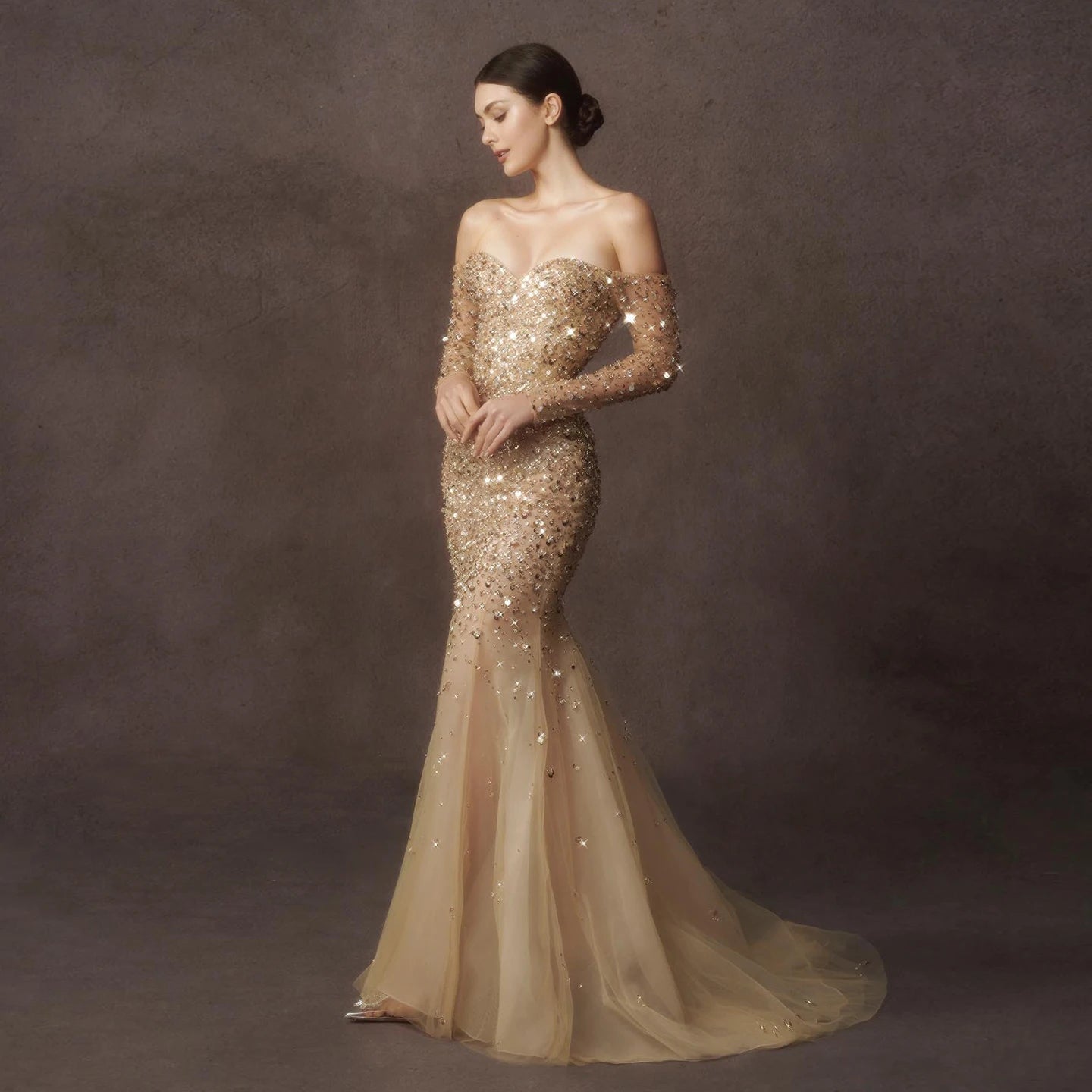 Golden Off-Shoulder Sequined Mermaid Wedding Gown with Detachable Overskirt