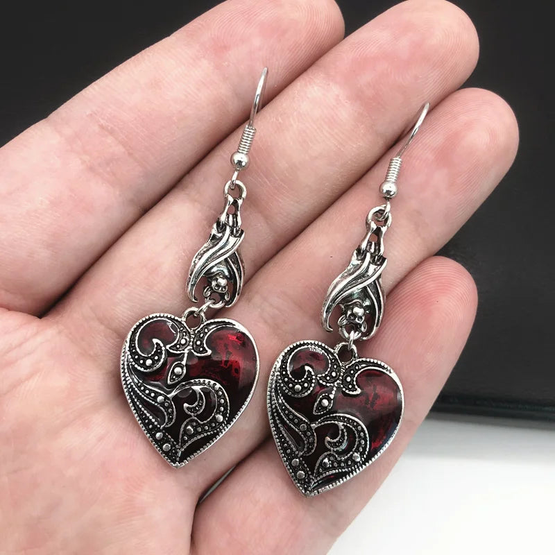 Gothic Darkened Crimson & Silver Heart Pendant Earrings with Bat Detail - Lovez Aqua© -