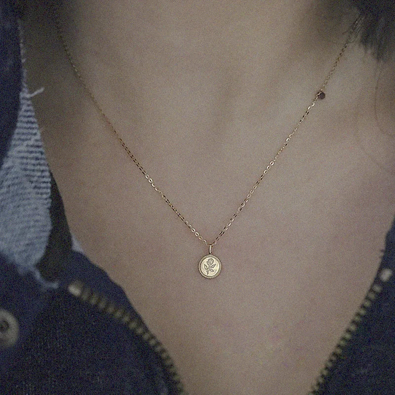 S925 Sterling Silver Vintage Carved Rose Round Medallion Women's Pendant Necklace