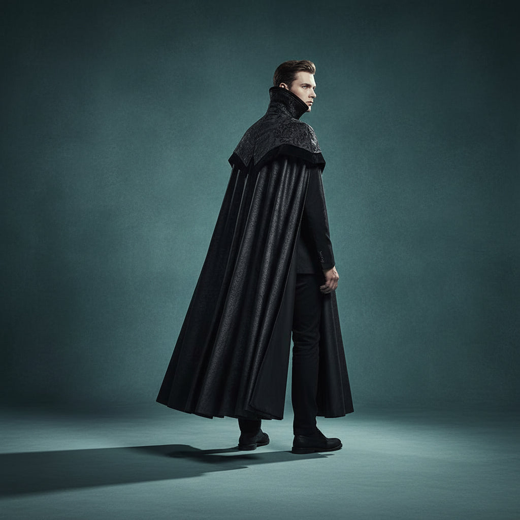 Men's Gothic Black Jacquard Embroidered Victorian Vampire Renaissance Long Cloak with High Collar