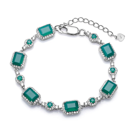 925 Sterling Silver, Natural Agate Stone & Cubic Zirconia Rectangle Cabochons Women's Bracelet