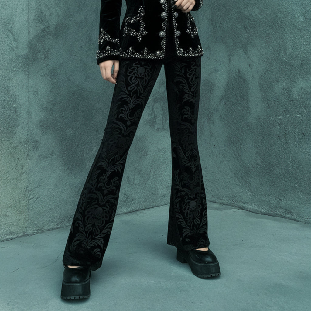 Women's Gothic Black Velvet Floral Embroidered Baroque High Waist Flare Pants