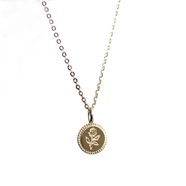 S925 Sterling Silver Vintage Carved Rose Round Medallion Women's Pendant Necklace
