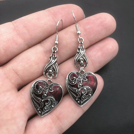 Gothic Darkened Crimson & Silver Heart Pendant Earrings with Bat Detail - Lovez Aqua© -