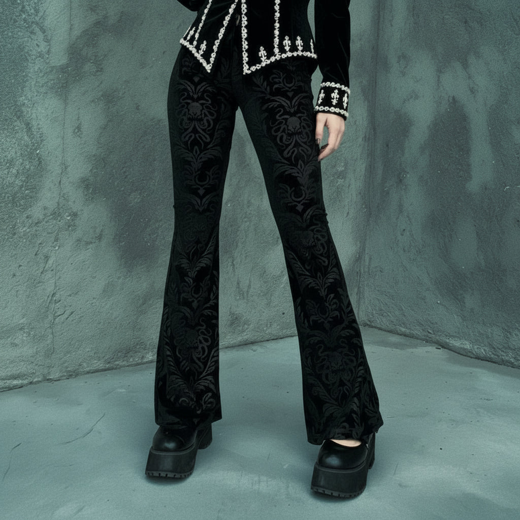 Women's Gothic Black Velvet Floral Embroidered Baroque High Waist Flare Pants