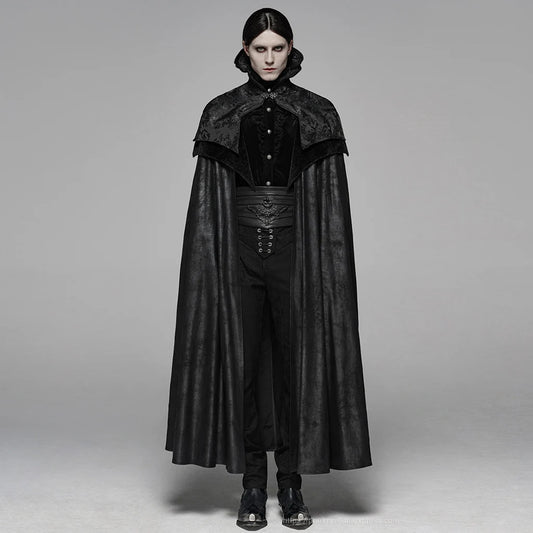 Men's Gothic Black Jacquard Embroidered Victorian Vampire Renaissance Long Cloak with High Collar